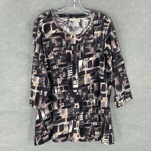 LOGO by Lori‎ Goldstein Women Sz 1X Cotton Button Up 3/4 Sleeve Neutral Tones